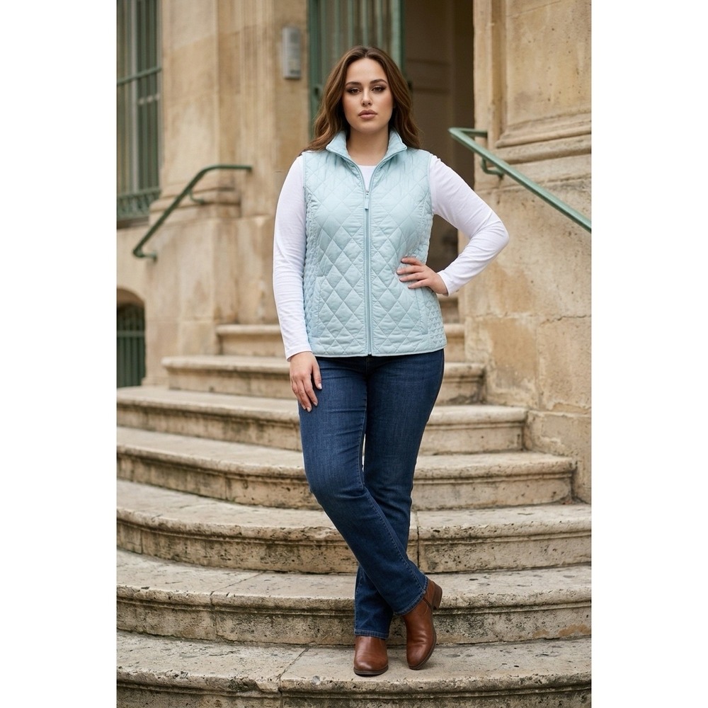 Talbots Plus Women 1X Aqua Blue Quilted Full Zip Vest Mock Neck Pockets NWOT